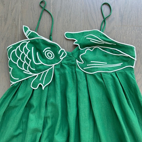 Farm Rio Green Fish Top Maxi Midi Dress Linen White - With Tags - Size Large - Picture 5 of 10